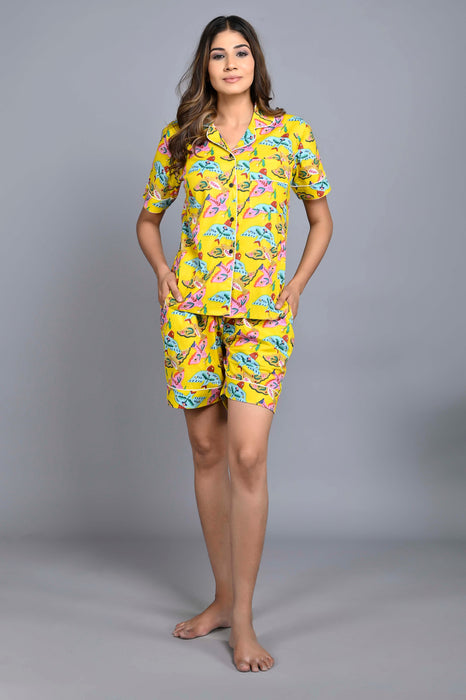 Bird Pattern Night Dress For Women (Yellow)-ND-4