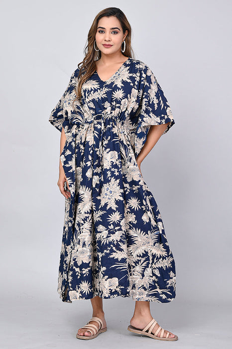 Shoolin Navy Blue Cotton Kaftan Printed Midi Dress- KF-8