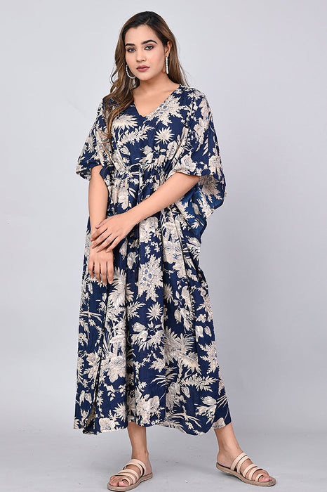 Shoolin Navy Blue Cotton Kaftan Printed Midi Dress- KF-8