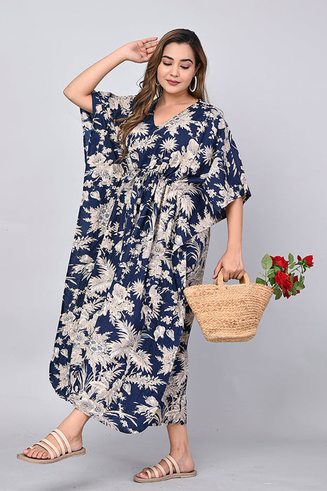 Shoolin Navy Blue Cotton Kaftan Printed Midi Dress- KF-8