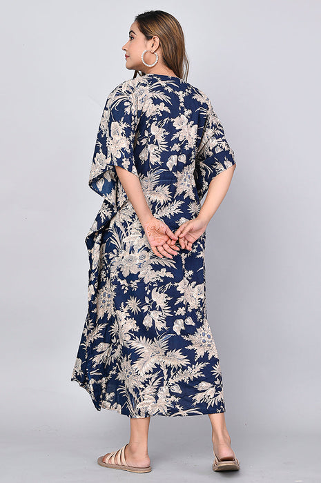 Shoolin Navy Blue Cotton Kaftan Printed Midi Dress- KF-8