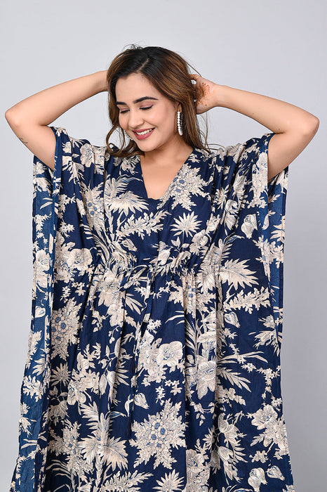 Shoolin Navy Blue Cotton Kaftan Printed Midi Dress- KF-8