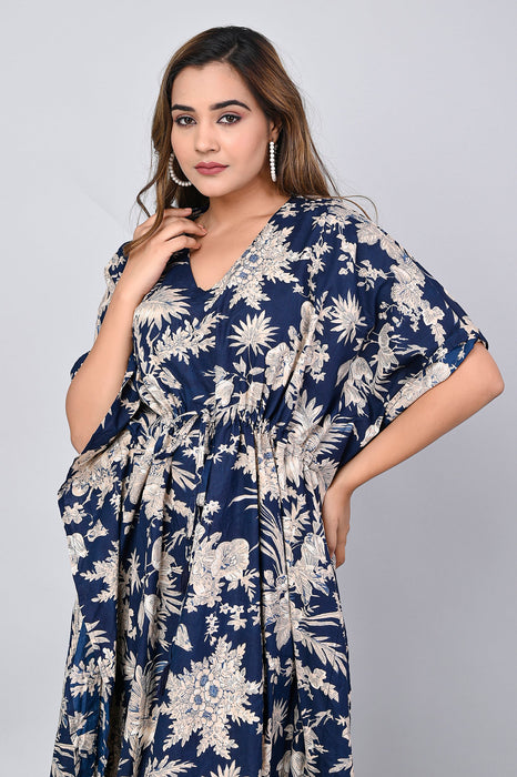 Shoolin Navy Blue Cotton Kaftan Printed Midi Dress- KF-8