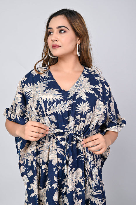 Shoolin Navy Blue Cotton Kaftan Printed Midi Dress- KF-8