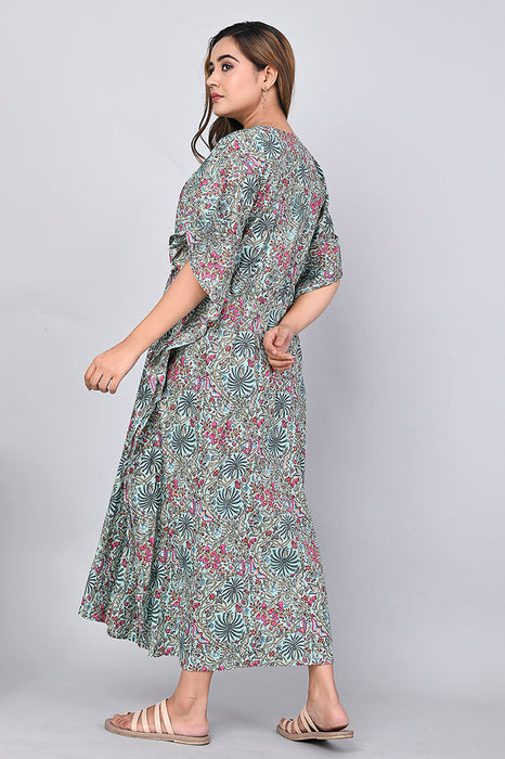 Shoolin Sea Green Cotton Kaftan Printed Midi Dress- KF-9