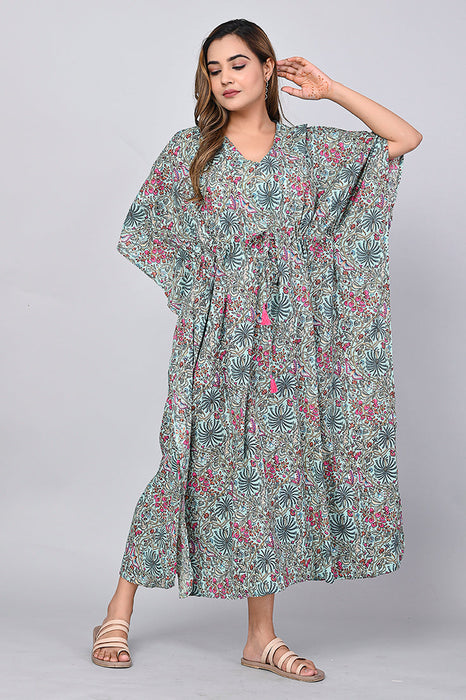 Shoolin Sea Green Cotton Kaftan Printed Midi Dress- KF-9