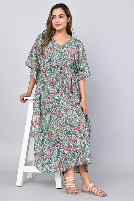 Shoolin Sea Green Cotton Kaftan Printed Midi Dress- KF-9