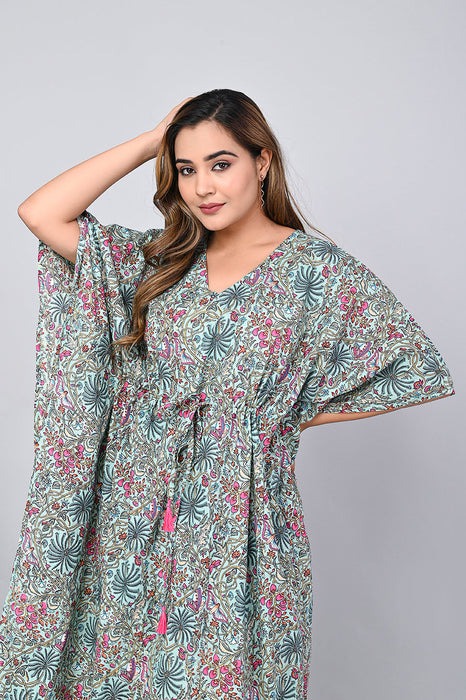 Shoolin Sea Green Cotton Kaftan Printed Midi Dress- KF-9