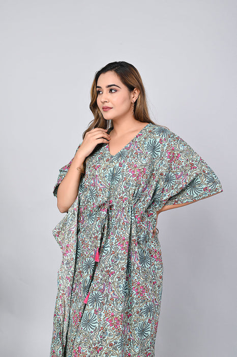 Shoolin Sea Green Cotton Kaftan Printed Midi Dress- KF-9