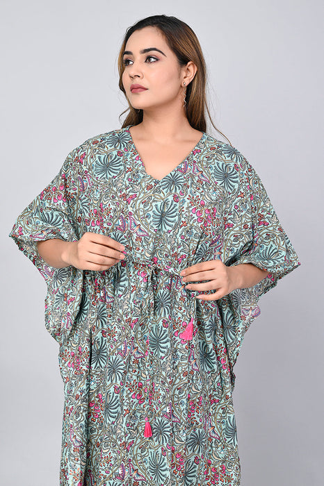 Shoolin Sea Green Cotton Kaftan Printed Midi Dress- KF-9