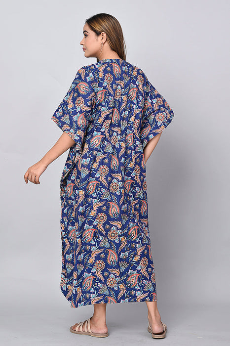 Shoolin Yellow Cotton Kaftan Printed Midi Dress- KF-10