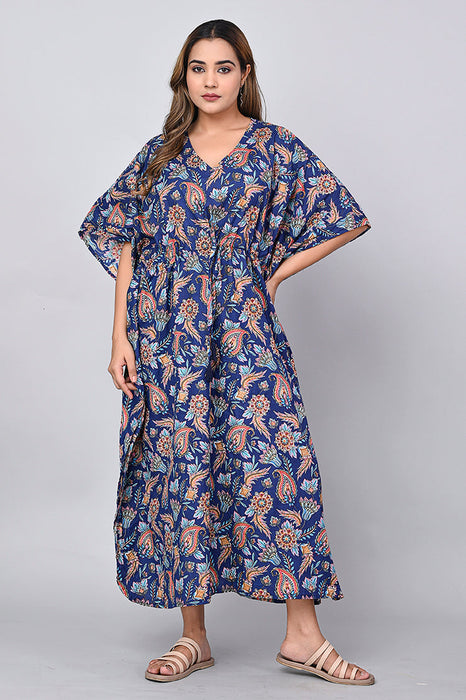 Shoolin Yellow Cotton Kaftan Printed Midi Dress- KF-10