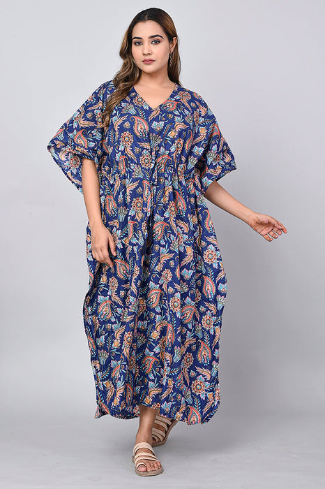 Shoolin Yellow Cotton Kaftan Printed Midi Dress- KF-10