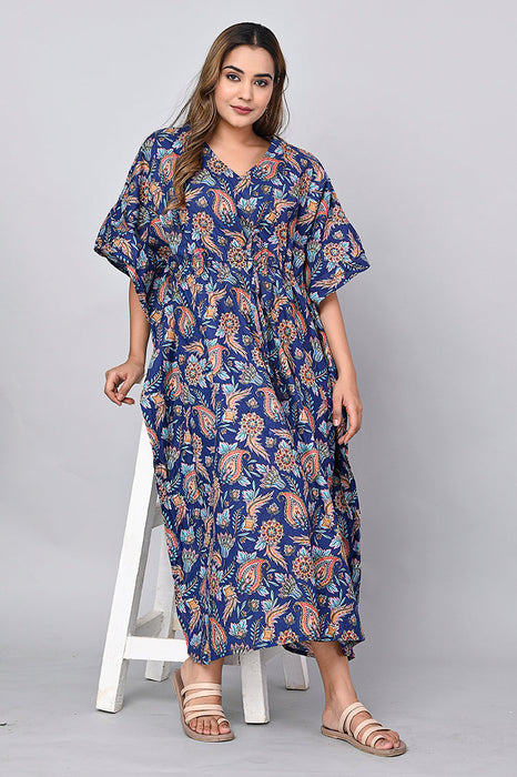 Shoolin Yellow Cotton Kaftan Printed Midi Dress- KF-10