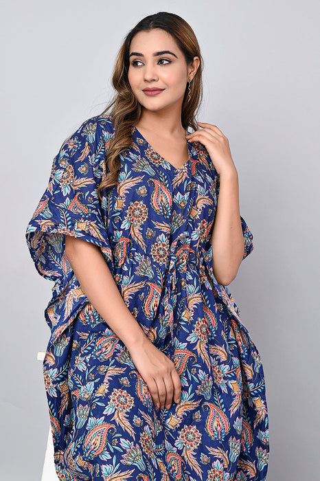 Shoolin Yellow Cotton Kaftan Printed Midi Dress- KF-10