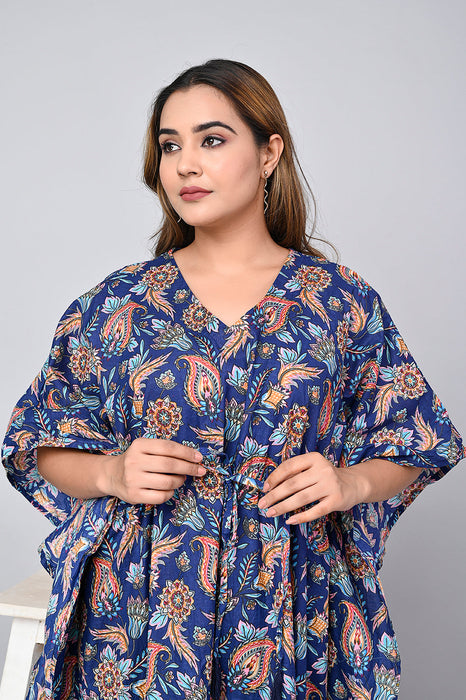 Shoolin Yellow Cotton Kaftan Printed Midi Dress- KF-10