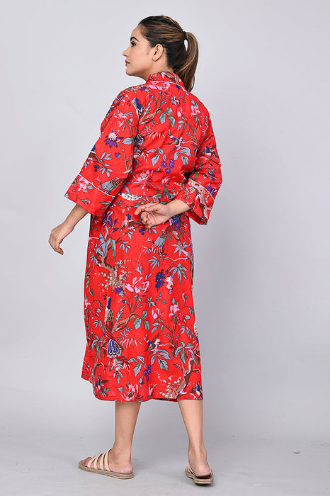 Floral Pattern Kimono Robe Long Bathrobe For Women (Red)-KM-157