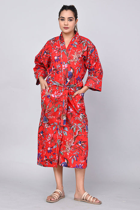 Floral Pattern Kimono Robe Long Bathrobe For Women (Red)-KM-157