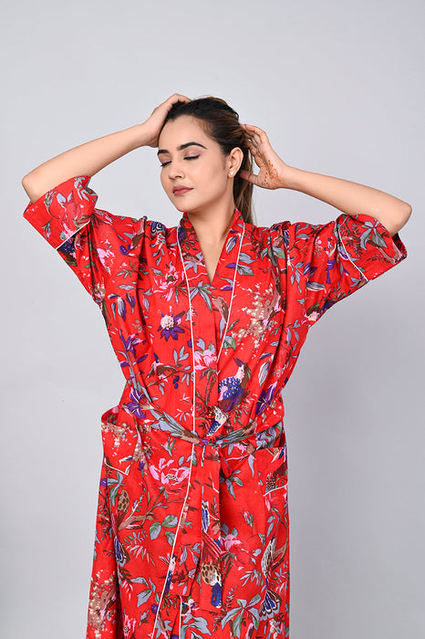 Floral Pattern Kimono Robe Long Bathrobe For Women (Red)-KM-157