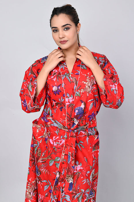 Floral Pattern Kimono Robe Long Bathrobe For Women (Red)-KM-157