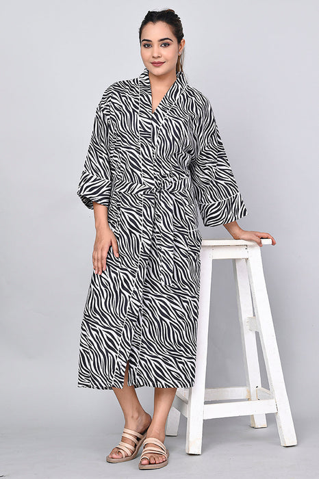 Zebra Pattern Kimono Robe Long Bathrobe For Women (Black)-KM-161