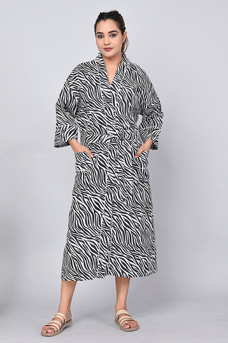 Zebra Pattern Kimono Robe Long Bathrobe For Women (Black)-KM-161