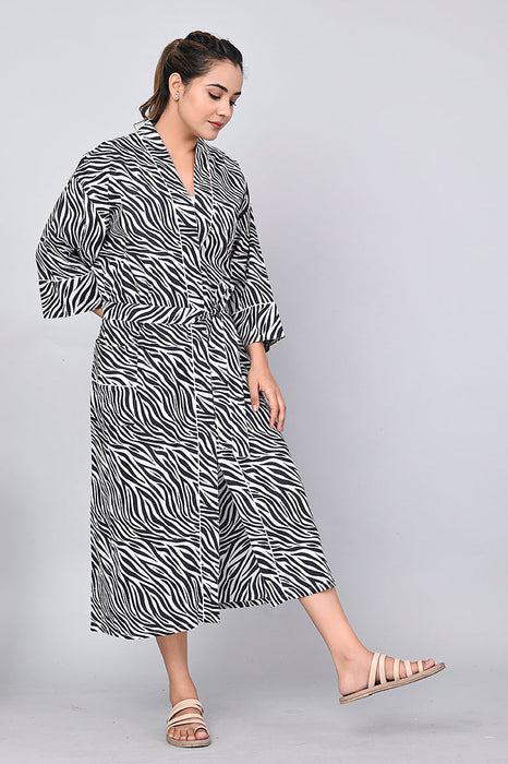 Zebra Pattern Kimono Robe Long Bathrobe For Women (Black)-KM-161