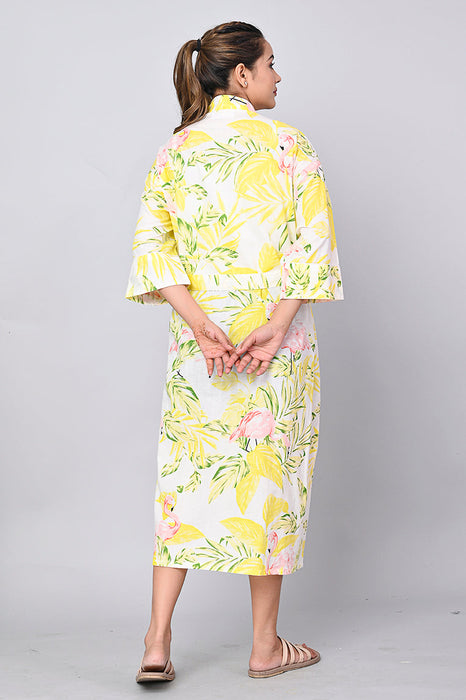 Floral Pattern Kimono Robe Long Bathrobe For Women (Yellow)-KM-162