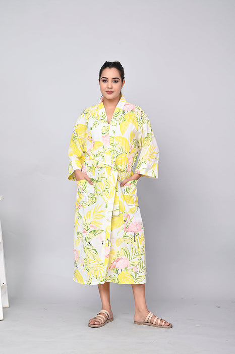 Floral Pattern Kimono Robe Long Bathrobe For Women (Yellow)-KM-162