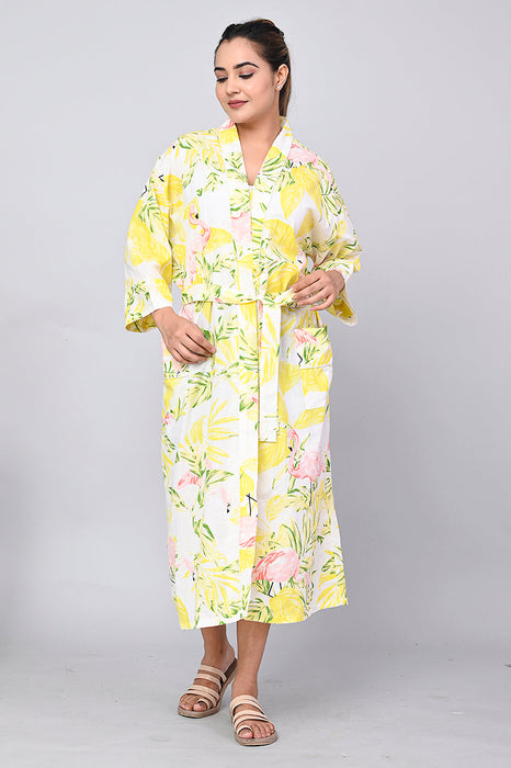 Floral Pattern Kimono Robe Long Bathrobe For Women (Yellow)-KM-162