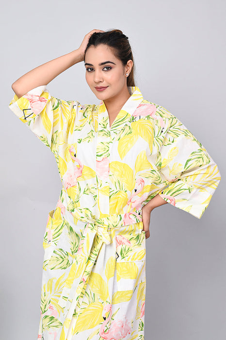 Floral Pattern Kimono Robe Long Bathrobe For Women (Yellow)-KM-162