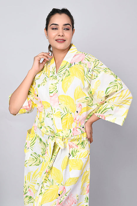 Floral Pattern Kimono Robe Long Bathrobe For Women (Yellow)-KM-162