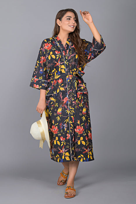 Floral Pattern Kimono Robe Long Bathrobe For Women-KM-146