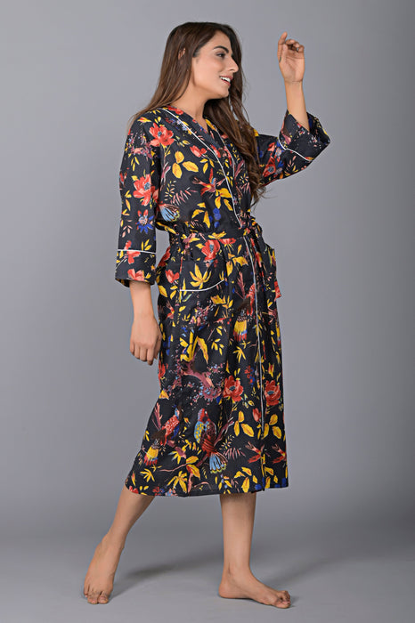 Floral Pattern Kimono Robe Long Bathrobe For Women-KM-146