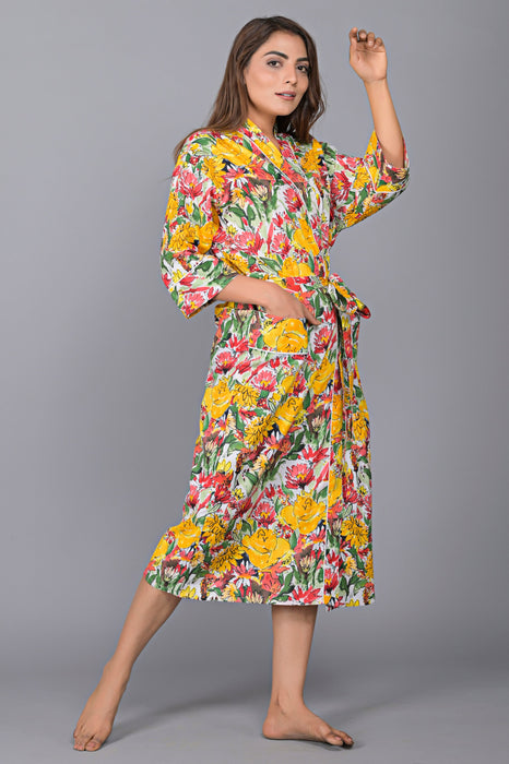 Floral Pattern Kimono Robe Long Bathrobe For Women (Multi)-KM-143