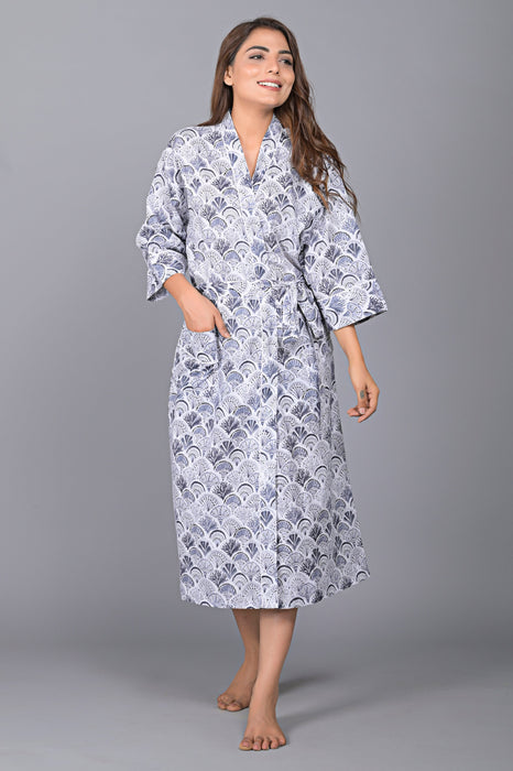 Peacock Pattern Kimono Robe Long Bathrobe For Women (Grey)-KM-141