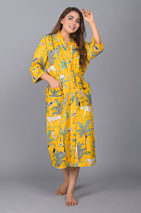 Jungle Pattern Kimono Robe Long Bathrobe For Women (Mustard)-KM-140