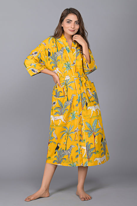 Jungle Pattern Kimono Robe Long Bathrobe For Women (Mustard)-KM-140