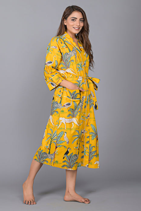 Jungle Pattern Kimono Robe Long Bathrobe For Women (Mustard)-KM-140