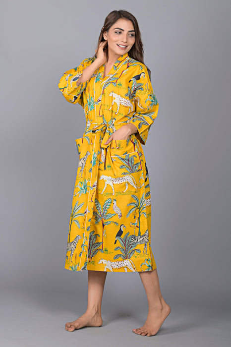 Jungle Pattern Kimono Robe Long Bathrobe For Women (Mustard)-KM-140