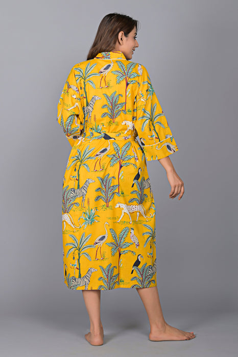 Jungle Pattern Kimono Robe Long Bathrobe For Women (Mustard)-KM-140