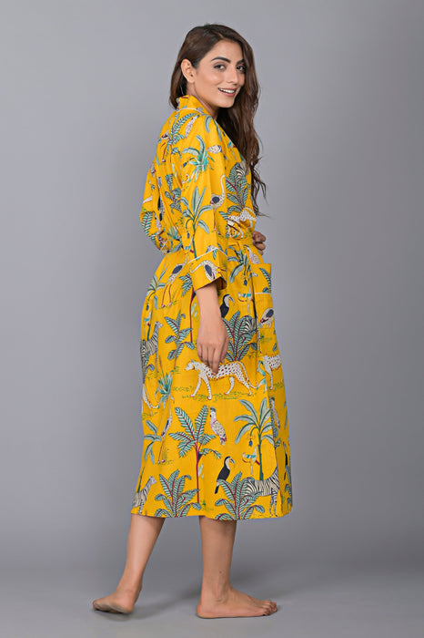 Jungle Pattern Kimono Robe Long Bathrobe For Women (Mustard)-KM-140