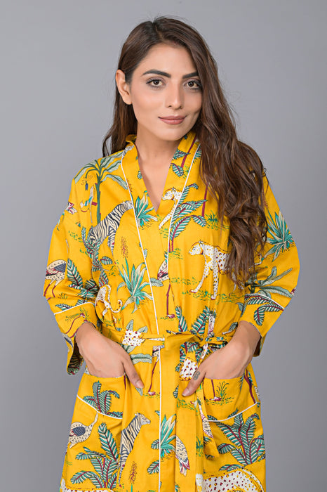 Jungle Pattern Kimono Robe Long Bathrobe For Women (Mustard)-KM-140