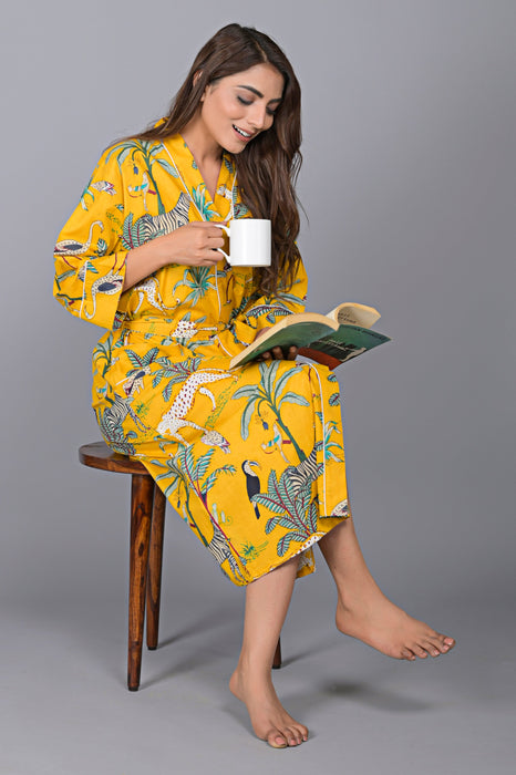 Jungle Pattern Kimono Robe Long Bathrobe For Women (Mustard)-KM-140