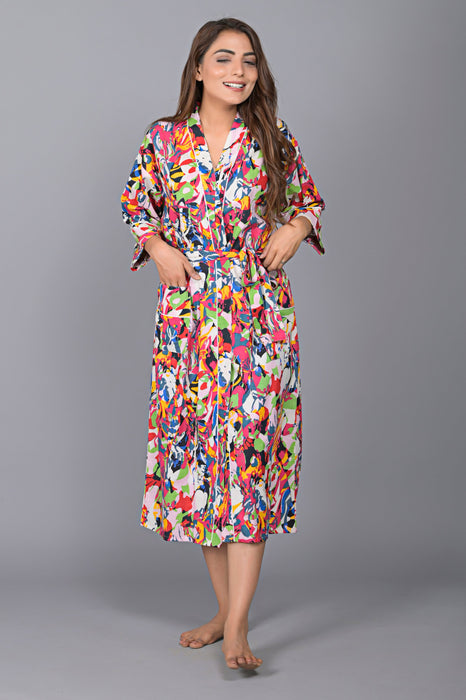 Abstract Pattern Kimono Robe Long Bathrobe For Women (Multi)-KM-136