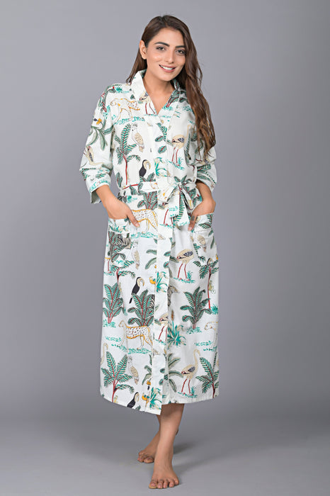 Jungle Pattern Kimono Robe Long Bathrobe For Women (White)-KM-142