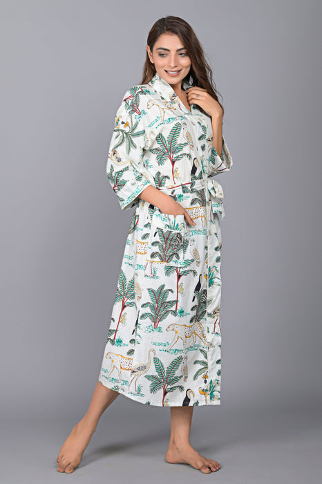 Jungle Pattern Kimono Robe Long Bathrobe For Women (White)-KM-142