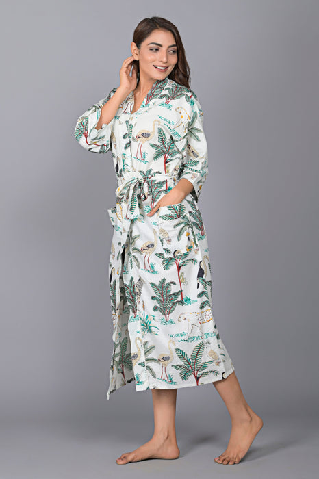 Jungle Pattern Kimono Robe Long Bathrobe For Women (White)-KM-142