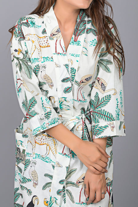 Jungle Pattern Kimono Robe Long Bathrobe For Women (White)-KM-142