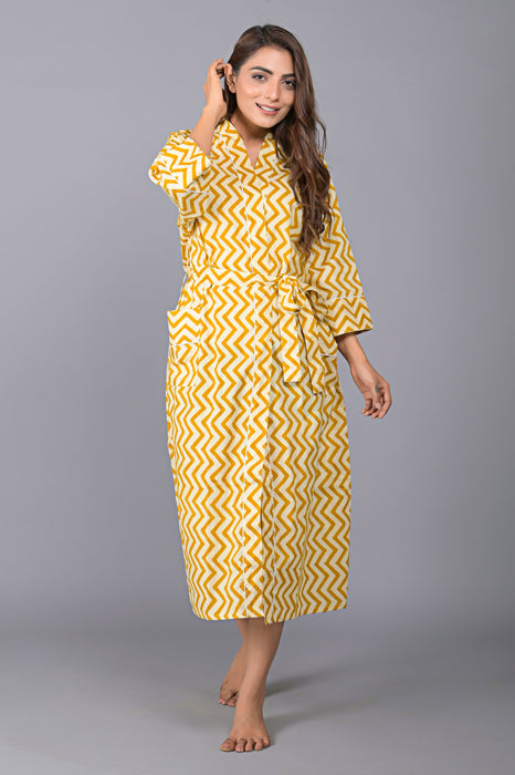 Zig Zag Pattern Kimono Robe Long Bathrobe For Women (Mustard)-KM-137